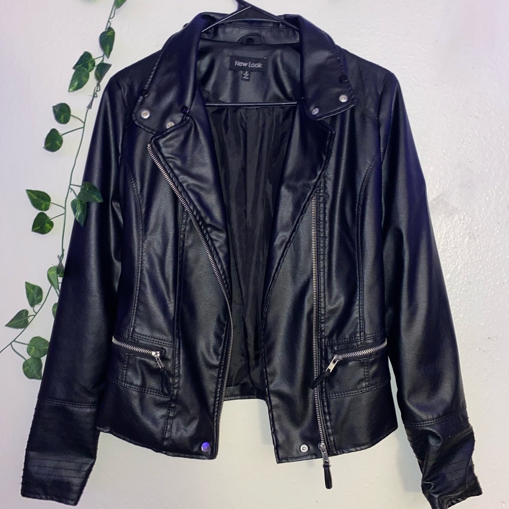 Black faux leather by New Look. Band collar, silver zippers, versatile styling.